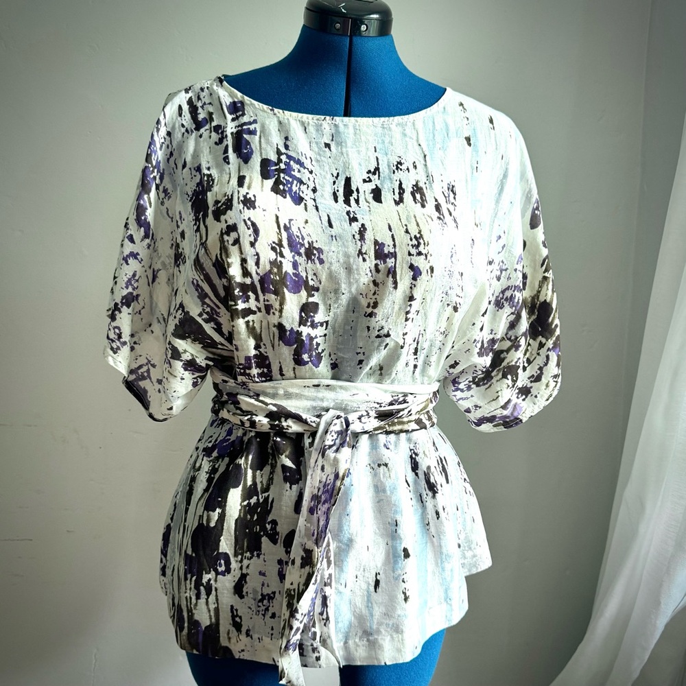 Debbie Shuchat Vintage Watercolor Print Top with Kimono Sleeves and Waist Tie